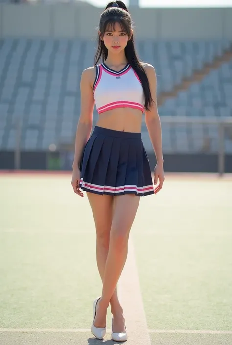 Photorealistic, Ultra-detailed, finely detail, High resolution, 8K Wallpaper. a highly realistic full-body portrait of a beautiful Japanese cheerleader standing confidently in the center of the image. She is wearing a cheerleading outfit primarily in white...