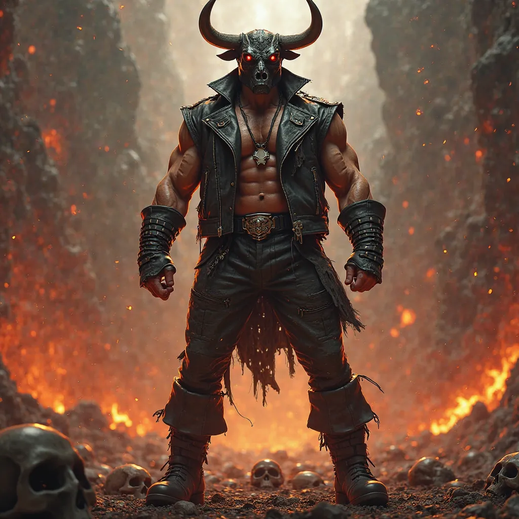 Muscular person wearing heavy metal leather jacket and bull's head standing on top of skulls hell-like background 