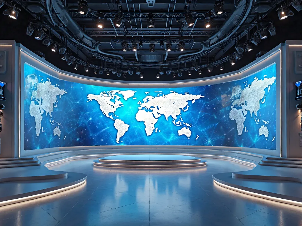 Create an image of a striking and large television studio with the background of the image of Global Echo News that you request