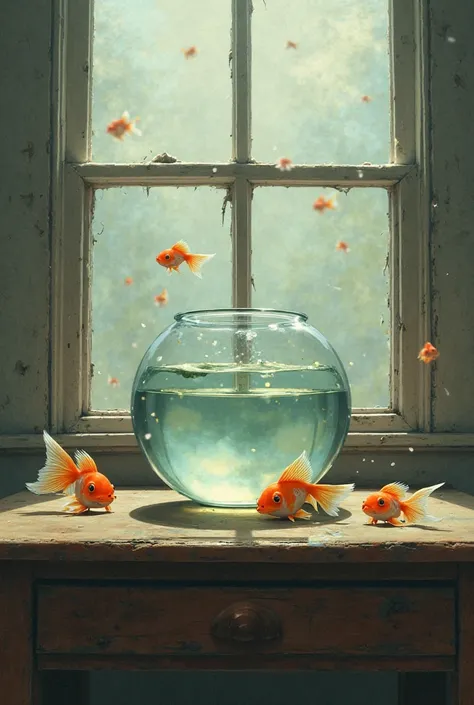 A table，with a round aquarium on it，spills a little goldfish inside，The background is an open window，Often rejected 