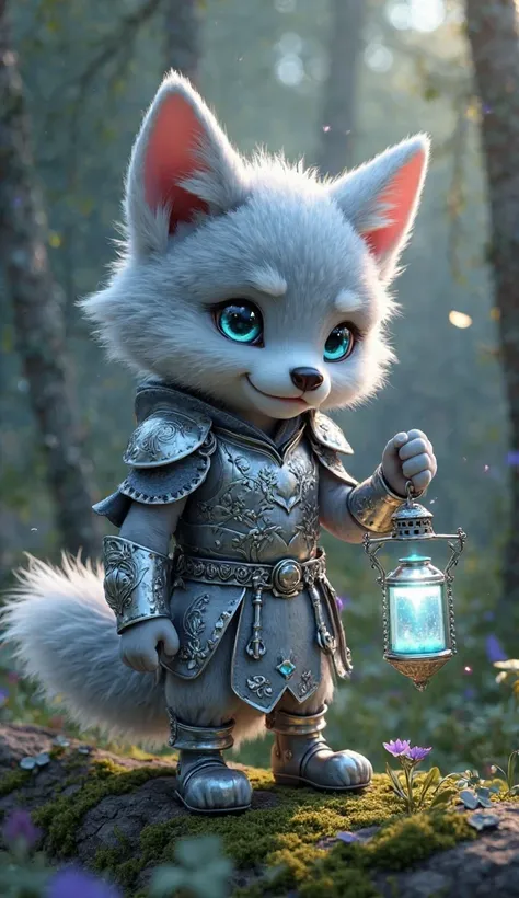 A small anthropomorphic wolf cub with lustrous silvery-gray coat with shades of soft blue and white tufts on the tips, large luminous silver eyes shining with fluffy curiosity and dilated pupils with radiant white reflections, pointed ears with silver tuft...