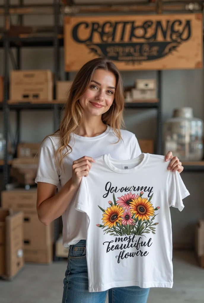 Model Displaying A T-Shirt in a very nice warehouse with a very striking sign that clearly says Creaciones Pongue in Spanish. con el Siguiente Design. Crear un Design Ilustración Estilo Pop Art para estampar en una Camiseta con la Siguiente Característica:...