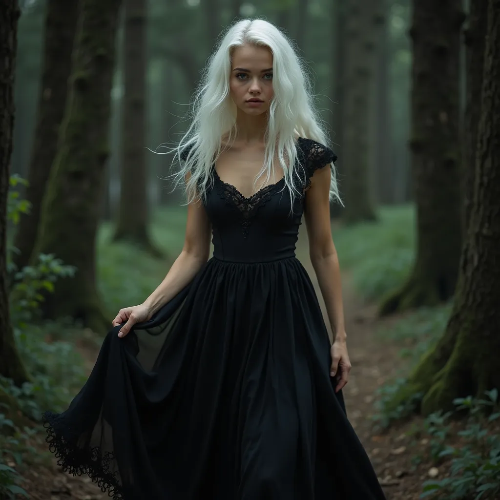 A young woman of overwhelming beauty advances gracefully among the trees of a shady forest. Her snow-white hair falls flat on her shoulders, contrasting with her intense honey eyes that shine with an enigmatic depth. Her defined eyebrows frame her penetrat...