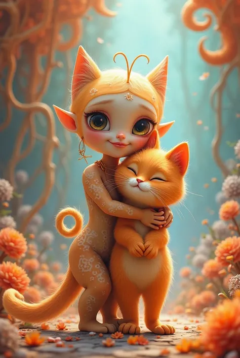 Animated alien girl hugging a cute and lively orange cat 