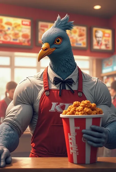 An strong pigeon with human body inside an KFC store serving KFC chicken 