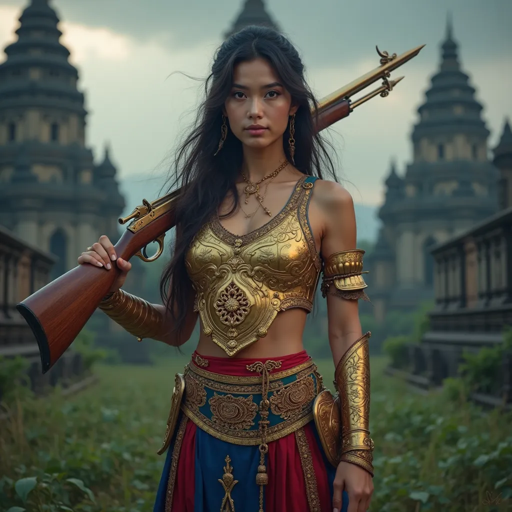 A young and strikingly beautiful 28-year-old Thai warrior woman stands with an alluring presence, her gaze locked directly onto the camera. Her deep brown eyes, filled with wisdom and unwavering confidence, captivate all who meet them. A serene yet powerfu...