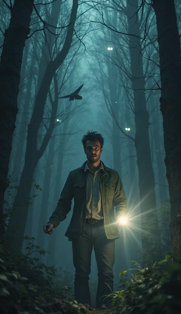 A terrified man holding a shaky flashlight, staring into the forest, where glowing eyes and shadows are watching him.