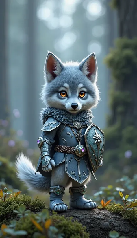 A small anthropomorphic wolf cub with lustrous silvery-gray coat with shades of soft blue and white tufts on the tips, large luminous silver eyes shining with fluffy curiosity and dilated pupils with radiant white reflections, pointed ears with silver tuft...