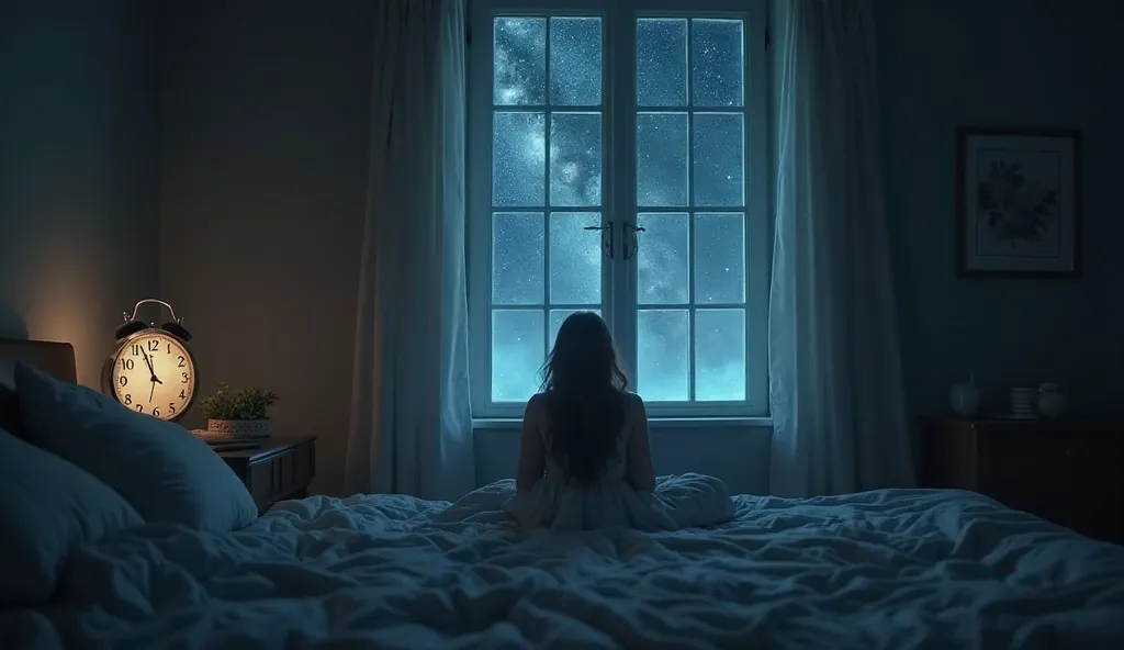 A mysterious and intriguing scene capturing the feeling of being awake in the middle of the night with no apparent reason. The image shows a dimly lit room with an open window revealing a starry night sky. A clock next to the bed reads 3 AM. A soft, almost...