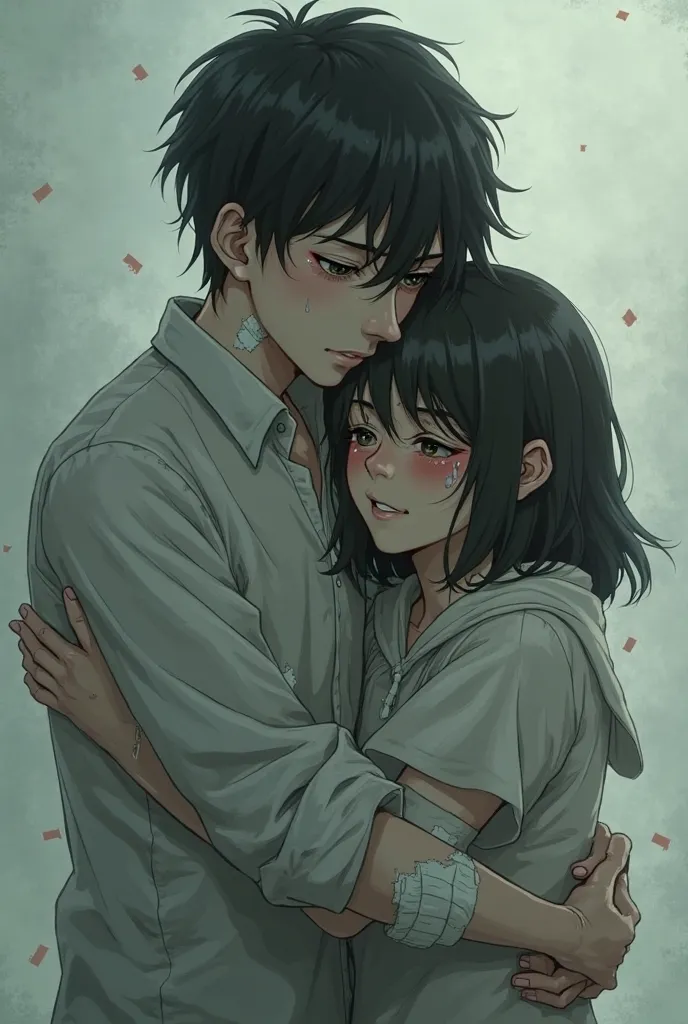 A depressed anime boy, covered in bandages and bandaids, hugging a girl who is crying and is covered in scars