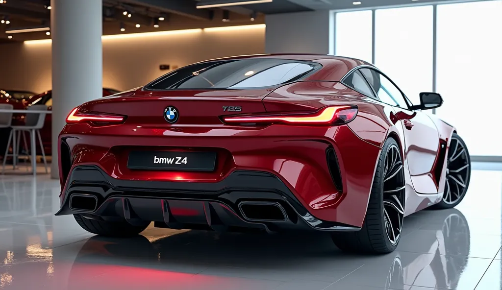 An ultra-realistic image of the Aggressive back left sides  profile end of a futuristic 2025 bmw Z4  The car features a large, imposing, kand aerodynamic design with a wine red and shiny exterior. Aggressive back view end has a wide, aggressive  with intri...