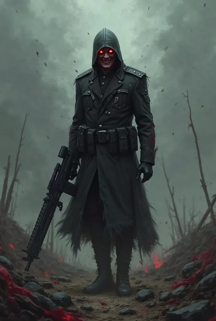 Gloomy image of a soldier in a black uniform, on a war field with your gun in your hand with a psychotic smile and instead of your eyes are red light flashes 