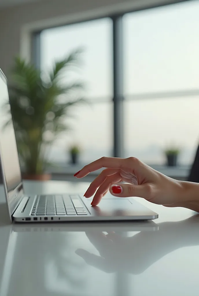 Create a white woman's hand, with a computer in hand, office environment