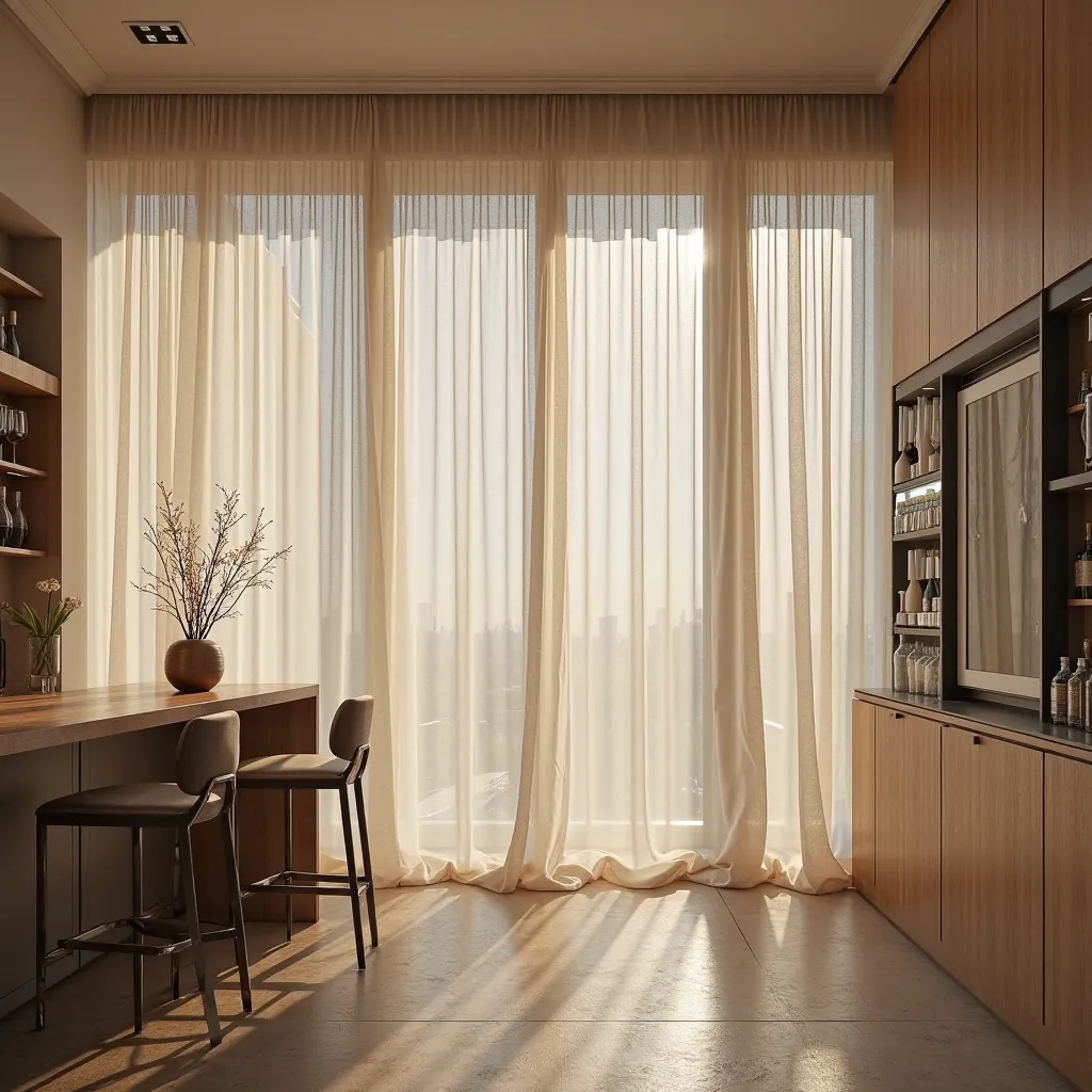 Swiss rail curtain fabric gauze beige linen embedded in the ceiling in a modern room with the perfect fit of the bar in relation to the floor