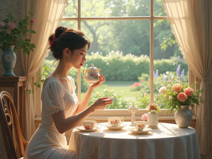 Lady drinking tea at a table looking out to garden 