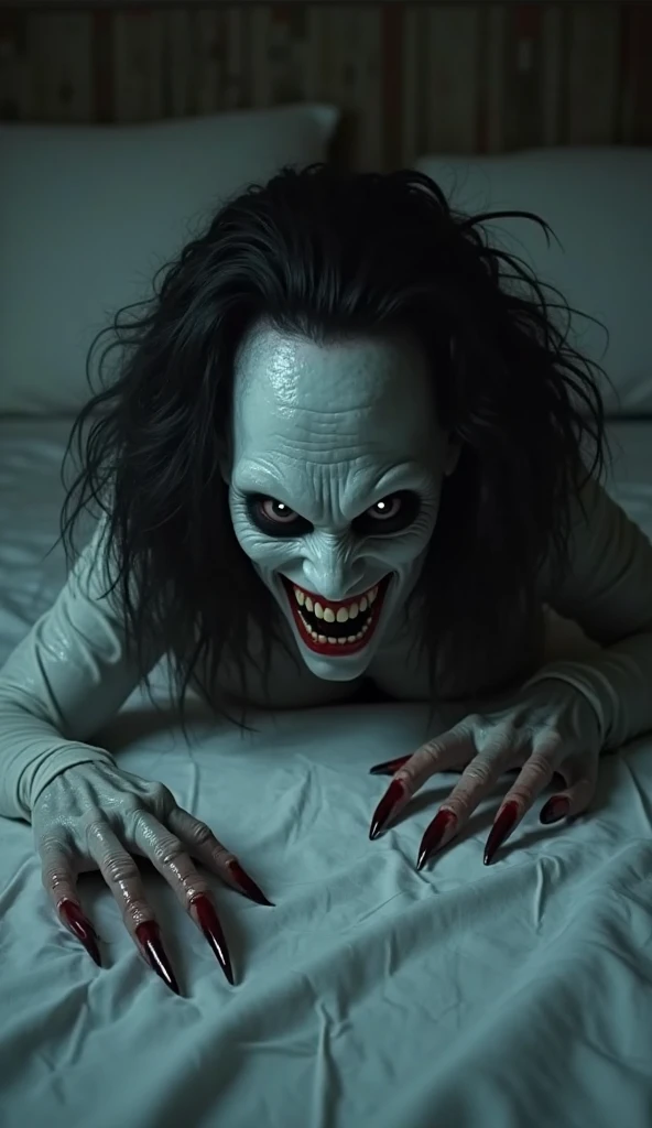 Horrifying humanoid creature, pale white skin and black hair, sharp teeth, sunken black eyes, hiding under the bed, night horror atmosphere, cinematic lighting, ultra-realistic 8K resolution, scary smile, long sharp claws, shadow in the background
