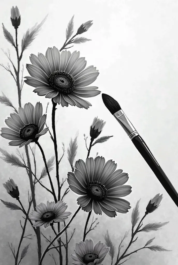 A paint brush coloring a beautiful black and white floral painting