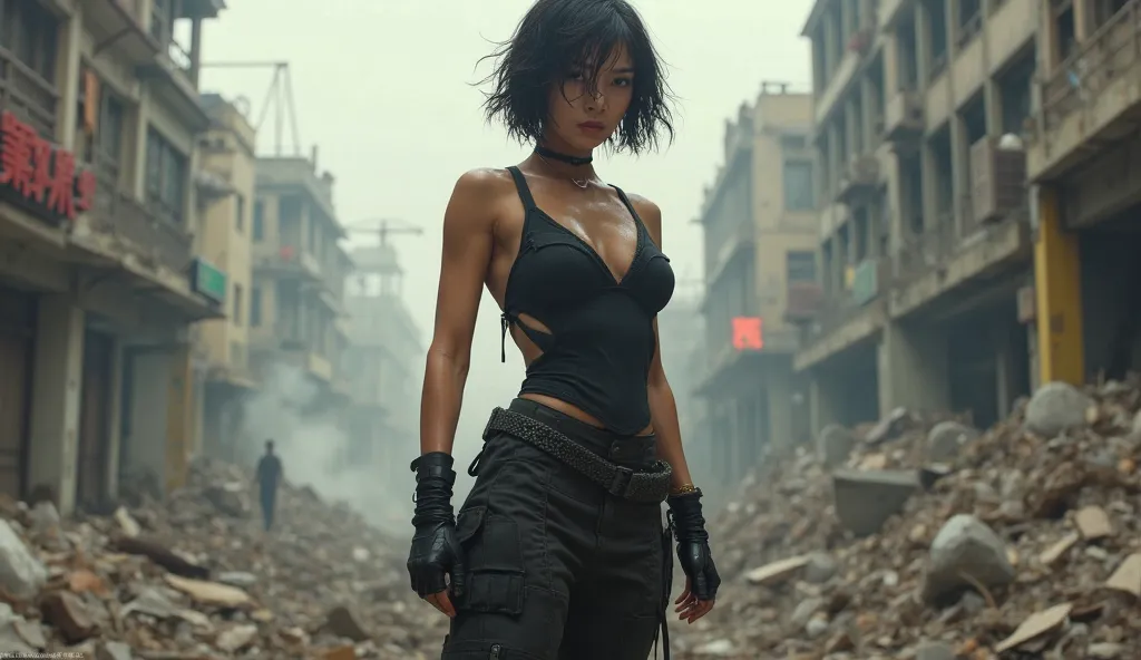 an angry beautiful Chinese mercenary with short wavy wet hair in tight black clothes wearing machine gun boots against the background of the destroyed city