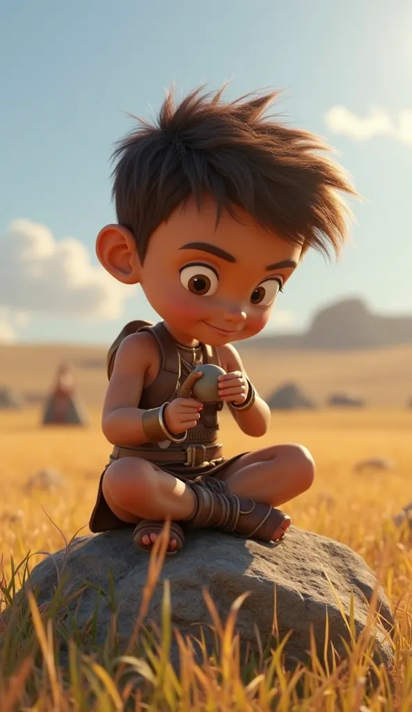 Davi,  sitting on a rock, preparing your sling. He places a round, smooth stone in the sling, focused and determined. The field in the background is quiet, but the tension of the battle can be felt.  Animation Style: Pixar 3D CUTE.  Ratio 16 /9.