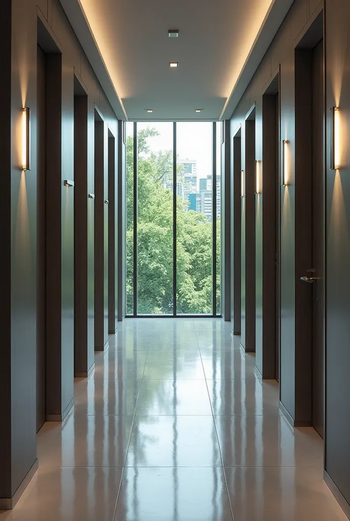 Create a corridor of an office in a skyscraper, with office doors on the sides. where in the background you can see some trees