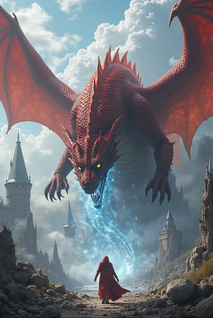 Red Scaled Dragon in size of big city, destroyed kingdom in distance with fire breatg and ice claws