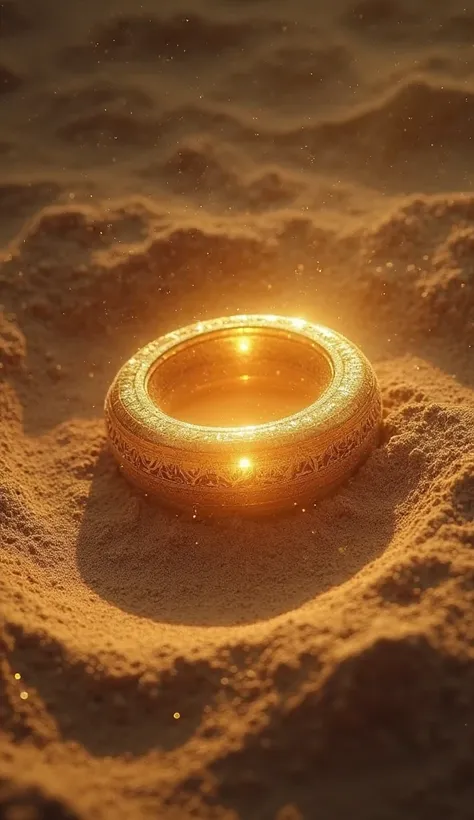 ultra-realistic, 8K, HDR Lighting, dynamic sand effects, ghostly glow.
A golden hand emerges slowly from the sand. The light shines on the ancient rings, while the dust floats around them, generating an aura of mysticism.

