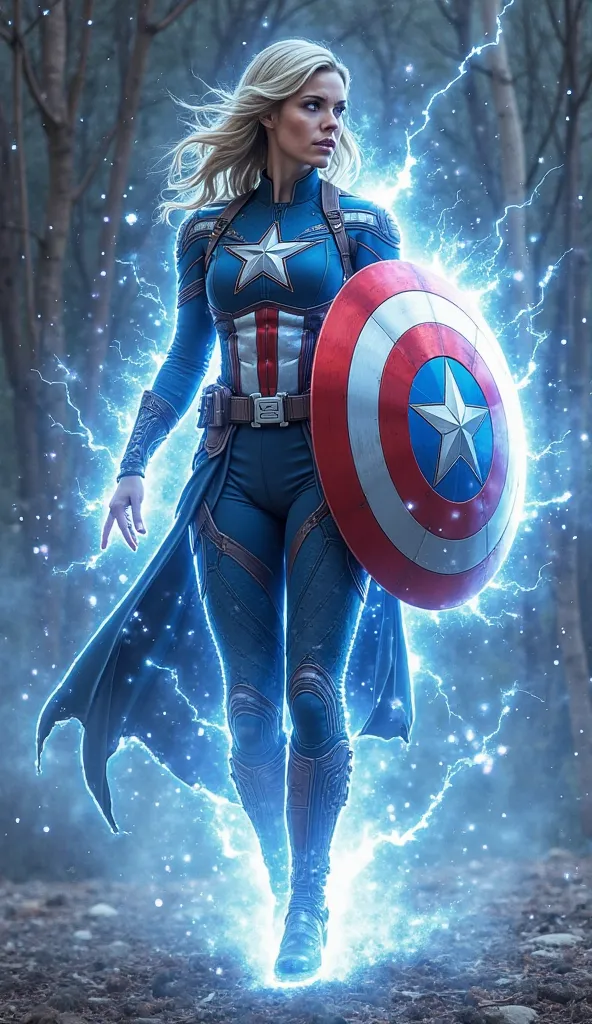 A superhero wielding Captain America's shield, now invisible and surrounded by an energy field, uses their powers to protect their allies. The hero creates invisible shields and attacks with precision, blending the powers of invisibility and the indestruct...