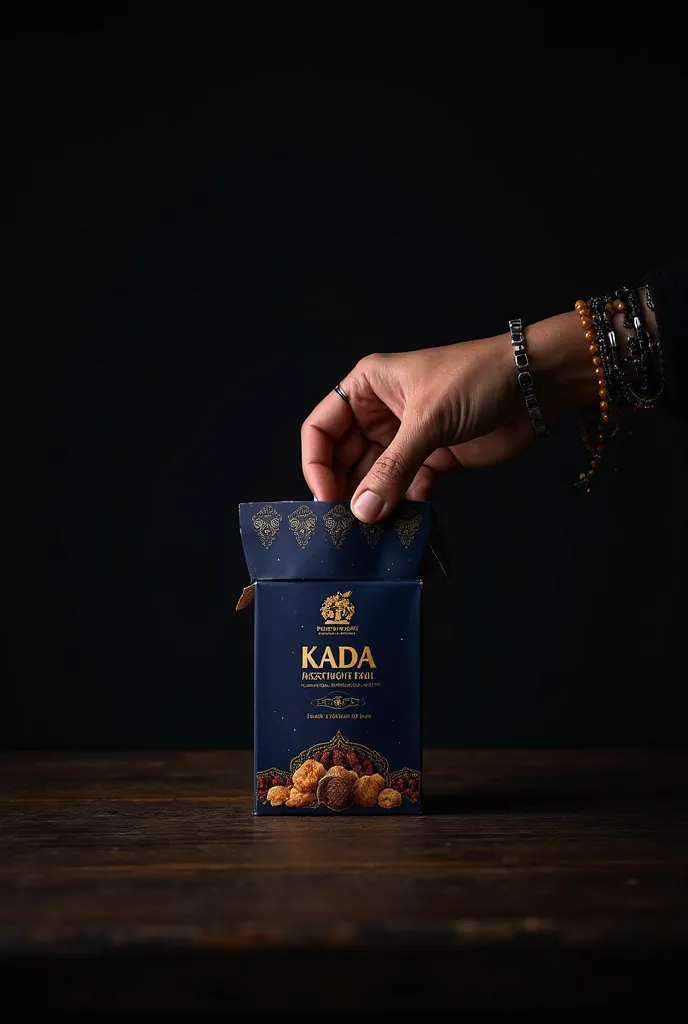 a hand is opening a package of kada ramadan in navy blue, take the style of photography, background warna hitam