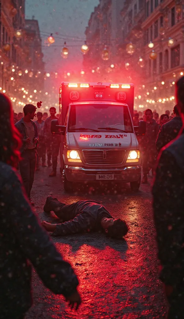 An ambulance standing in the middle of the crowd, servicing an unconscious person on the floor, with flashing red lights and partygoers scattered around.