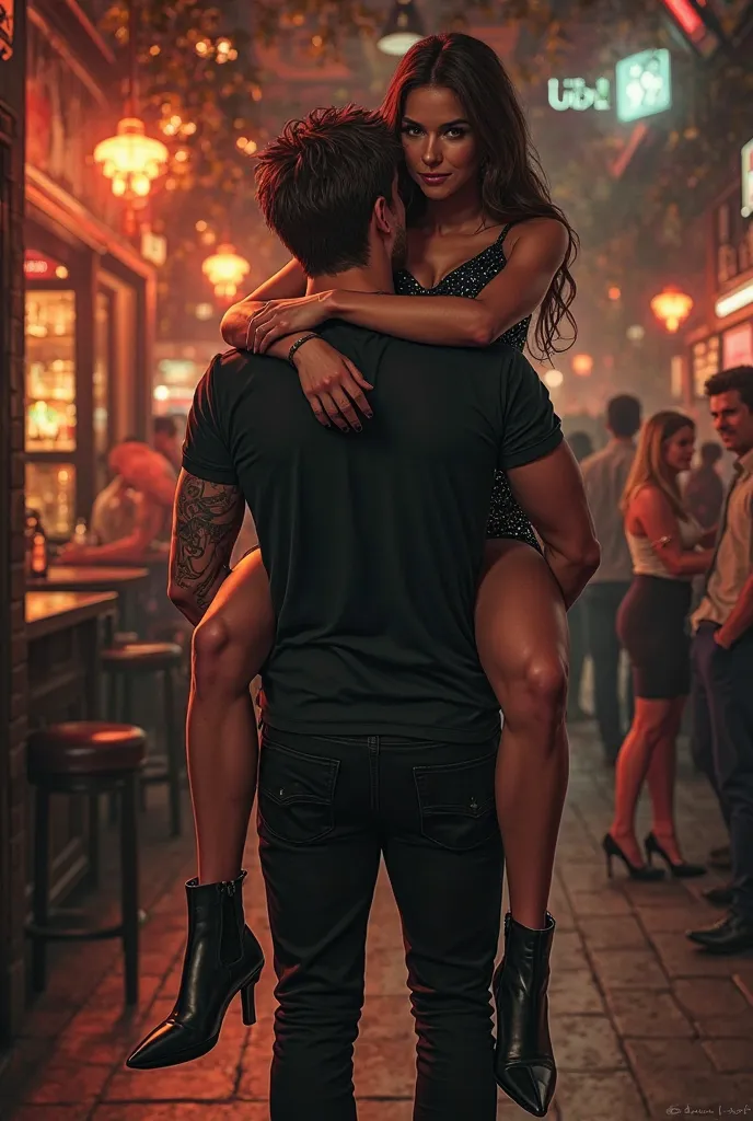 I want you to draw a woman who is seen leaving a bar, wearing a black glittery dress, and standing on the shoulder of a tall man. The woman has the man's leather jacket around her waist, and the man is wearing a black short-sleeved T-shirt and black trouse...