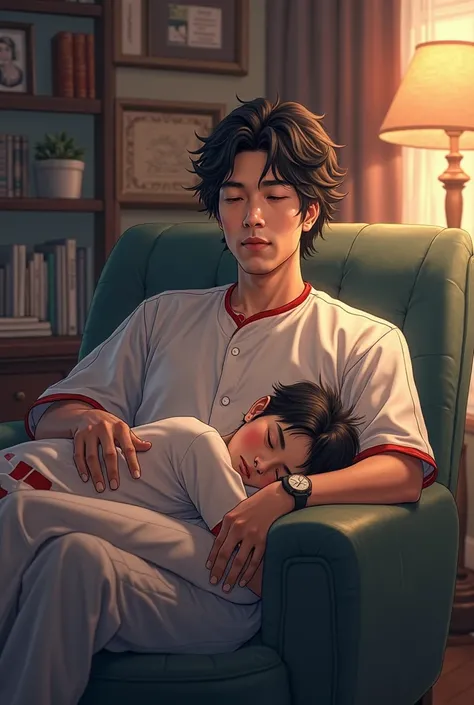 draw me a picture of Ichiro Moriyama in the office and Neil Josten sleeping on his lap