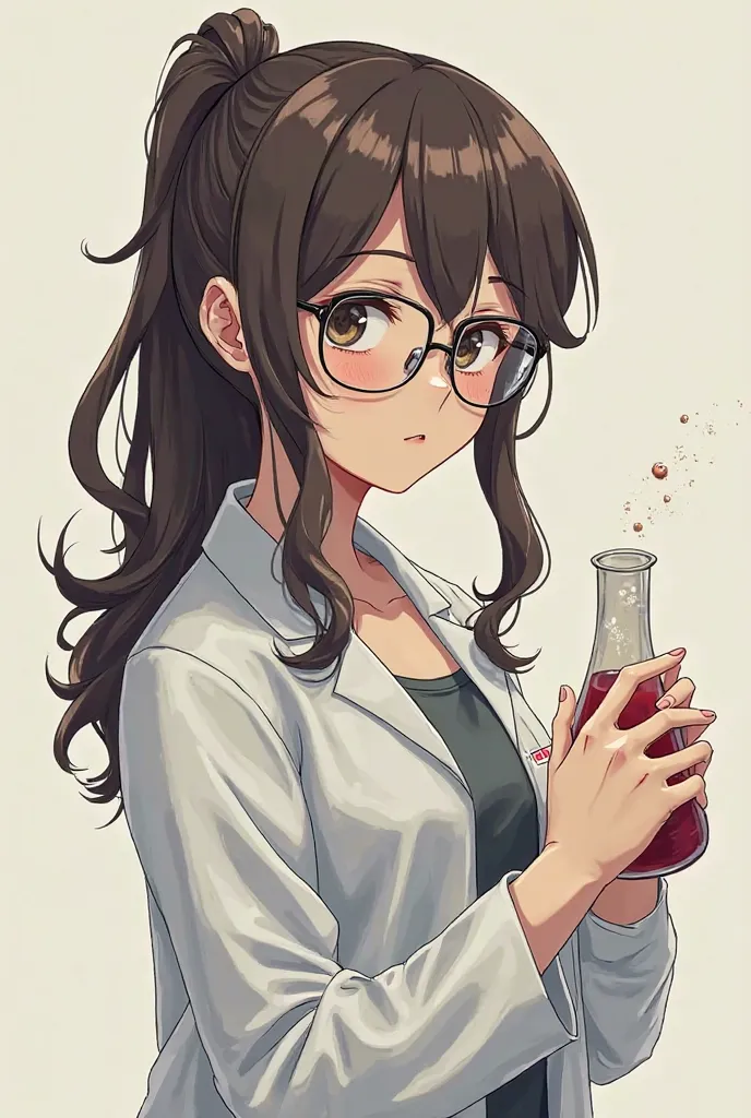 A girl has dark brown hair, long and slightly curly at the bottom. She has a ponytail. She is not bright white but normal. Her eyes are tired. She wears glasses, wears a lab coat, holds a flask and has a mole under her mouth. I also paint it in an old anim...