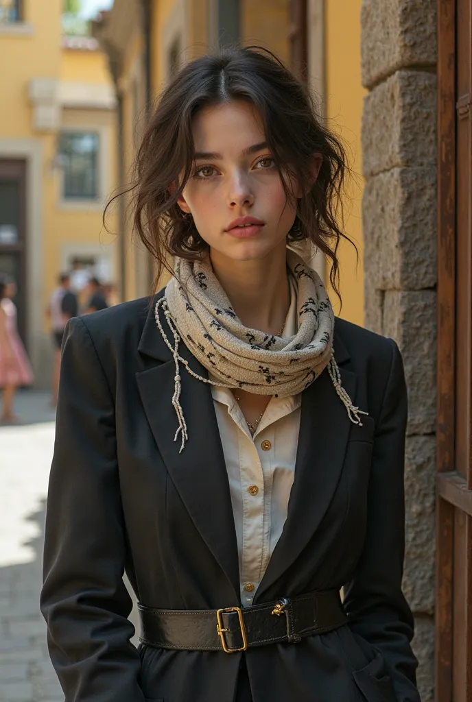 
a young male woman in a dark coat and a light scarf with a Spanish look
 