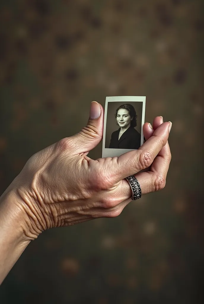 A 90 year old woman’s hand that is wrinkly and old looking, One finger of the old hand is wearing a ring, the hand is holding a Polaroid picture of the woman when she was younger wearing a dress. 