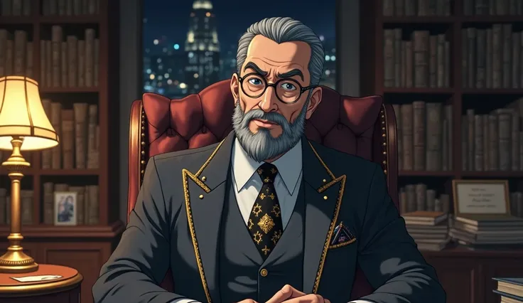 A breathtaking, cinematic Isekai anime-style overhead shot. A powerful Jewish financial mastermind  , sits in his opulent, dimly lit office. His face is sharp and distinguished—piercing blue-gray eyes framed by thick, dark eyebrows give him an air of quiet...