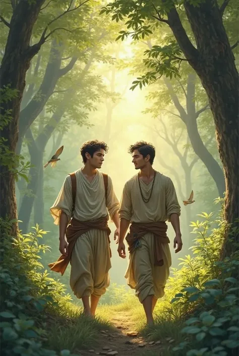 Create 9:16 image "Show two young men, one slightly greedy-looking and the other kind, walking through a lush green forest. Sunlight filters through the trees, and birds can be seen in the background".

