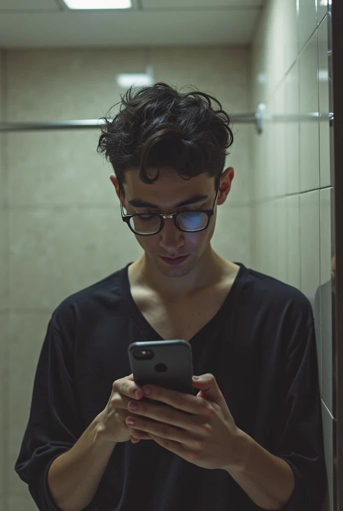 Hollow man wearing glasses looking at his cell phone in a bathroom,  a photo of Nándor Katona , instagram, tachysm, Caio Santos, msxotto, Matthew 9 5,  transmissor do Twitch / player ludwig, 18 years old, 1 , around 1 , avatar image, Young Jew wearing glas...