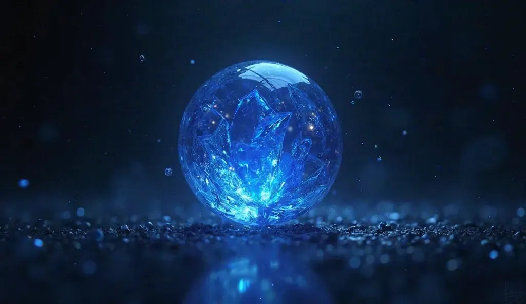 A floating dark blue spherical crystal seed.