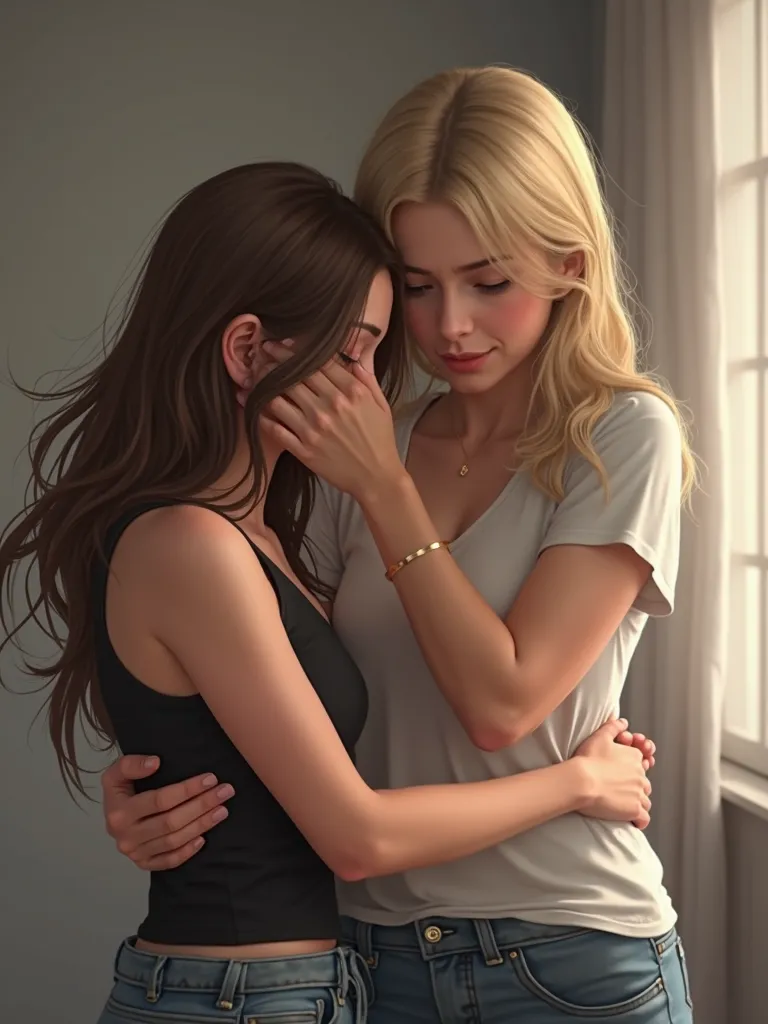 Photo is. In the foreground, a brown-haired girl in a black tank top covered her face with her hands. From behind, a blonde girl in a white T-shirt gently hugs her waist and smiles shyly.