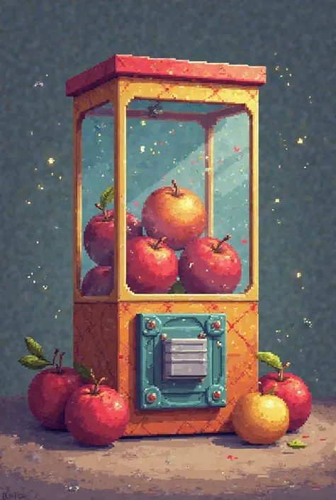 Make a pixel art of a colored claw machine inside it, several red apples and a golden apple. 