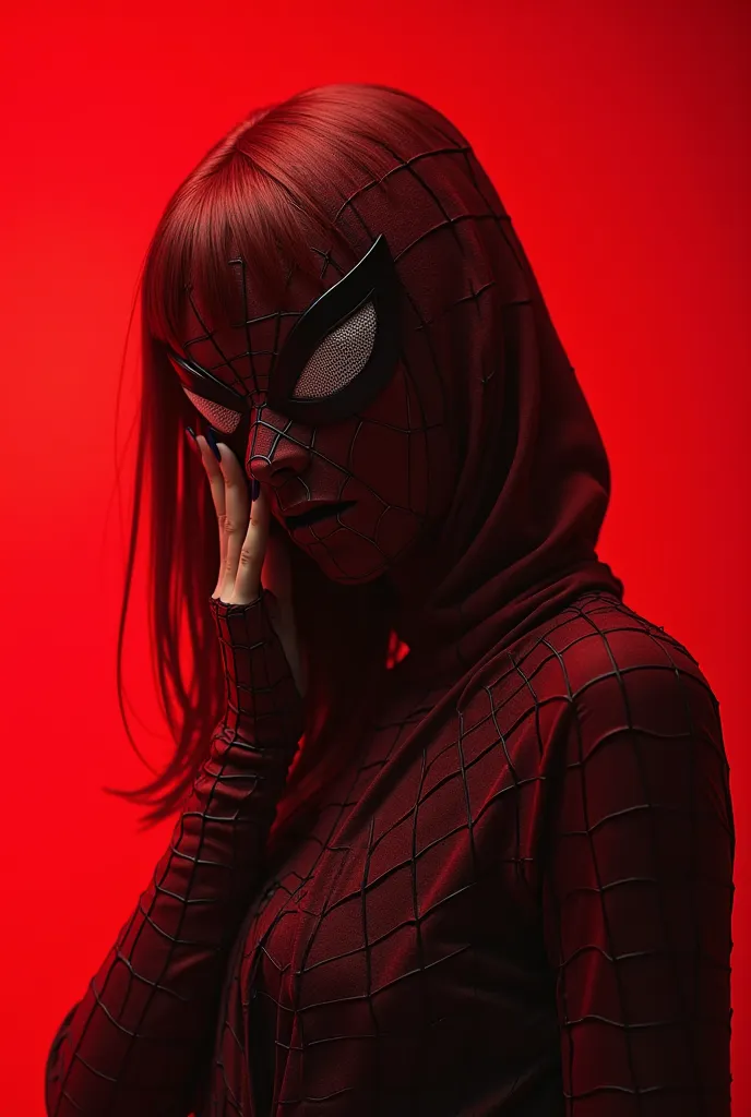 Distant photo of a smooth-haired red-haired woman in Spider-Man clothing covering her face with her hand,  red background 