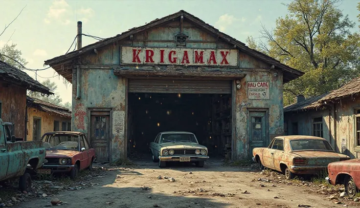 One old garage in garage one car coming out and some cars in bad condition is there write name on old garage KrigaMax 