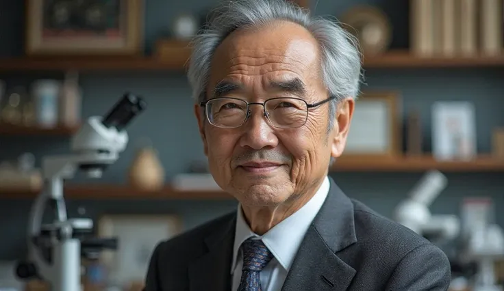 "Create a highly realistic portrait of Yoshinori Ohsumi, the 2016 Nobel Prize-winning scientist in Physiology or Medicine. He is a Japanese biologist known for his groundbreaking research on autophagy. The portrait should depict him as an elderly Japanese ...