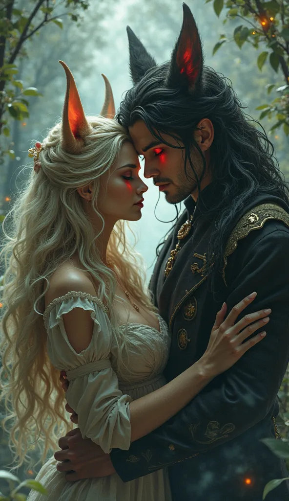 An attractive woman with animal ears, long hair, next to a handsome man with red-eyed animal ears 