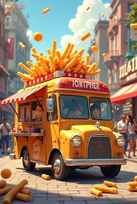 Can you create the image of a food truk with animations of French fries for me 