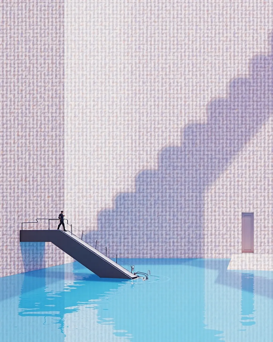 The image presents a surreal and liminal scene: a pool with crystal-clear bluish water reflecting the light of an environment bathed in soft pastel pink and lilac tones. At the center of the composition, an automatic  escalator with black handrails descend...