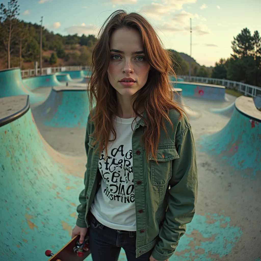 Kristen Stewart in twilight photograph fish eye effect segurando em um skate em uma pista de skate