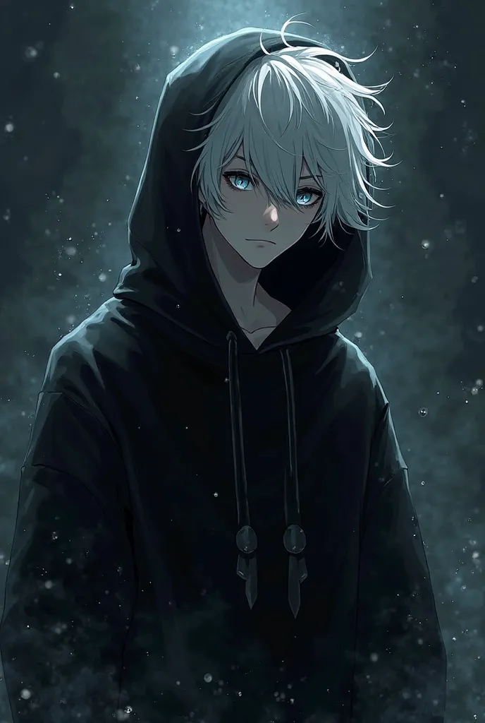  is a guy with white hair ,  with white eyes , in a black sweatshirt with a hood on her head, in dark light, with an aura of shadow that comes from the body, against the black sky. anime style
