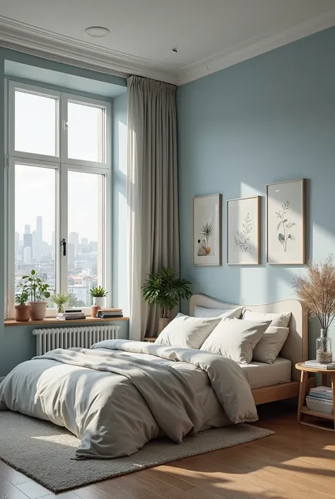 Apartment with scandinavian design style, with pastel blue color, bedroom, lots of stuff