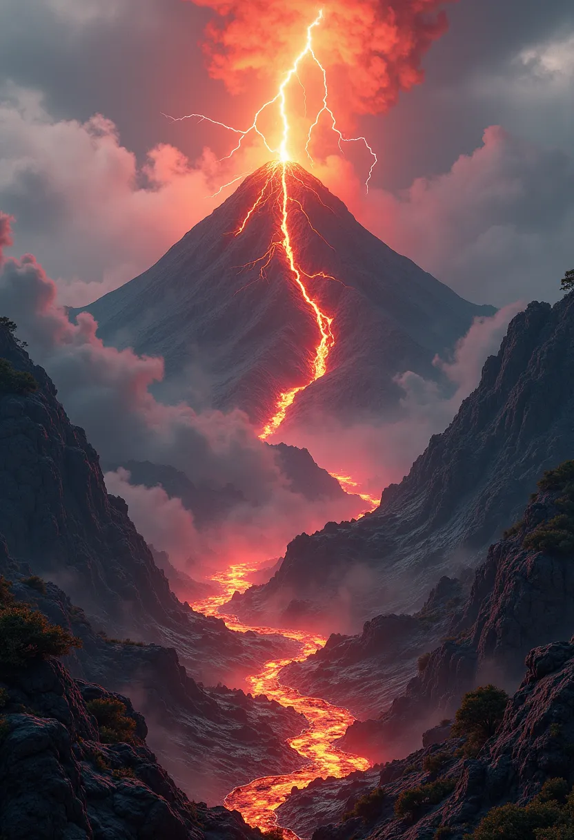 lava flowing from volcano, smoking, powerful bolt of lightning striking mountain, highly detailed landscape, cinematic lighting, dramatic atmosphere, hyper-realistic, 8K, photorealistic, professional, vivid colors, physically-based rendering,masterpiece,ul...